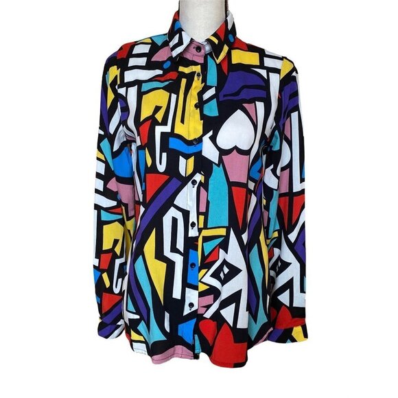 Abstract  printed color block colorful oversized button up shirt women Small/Med - Picture 4 of 16